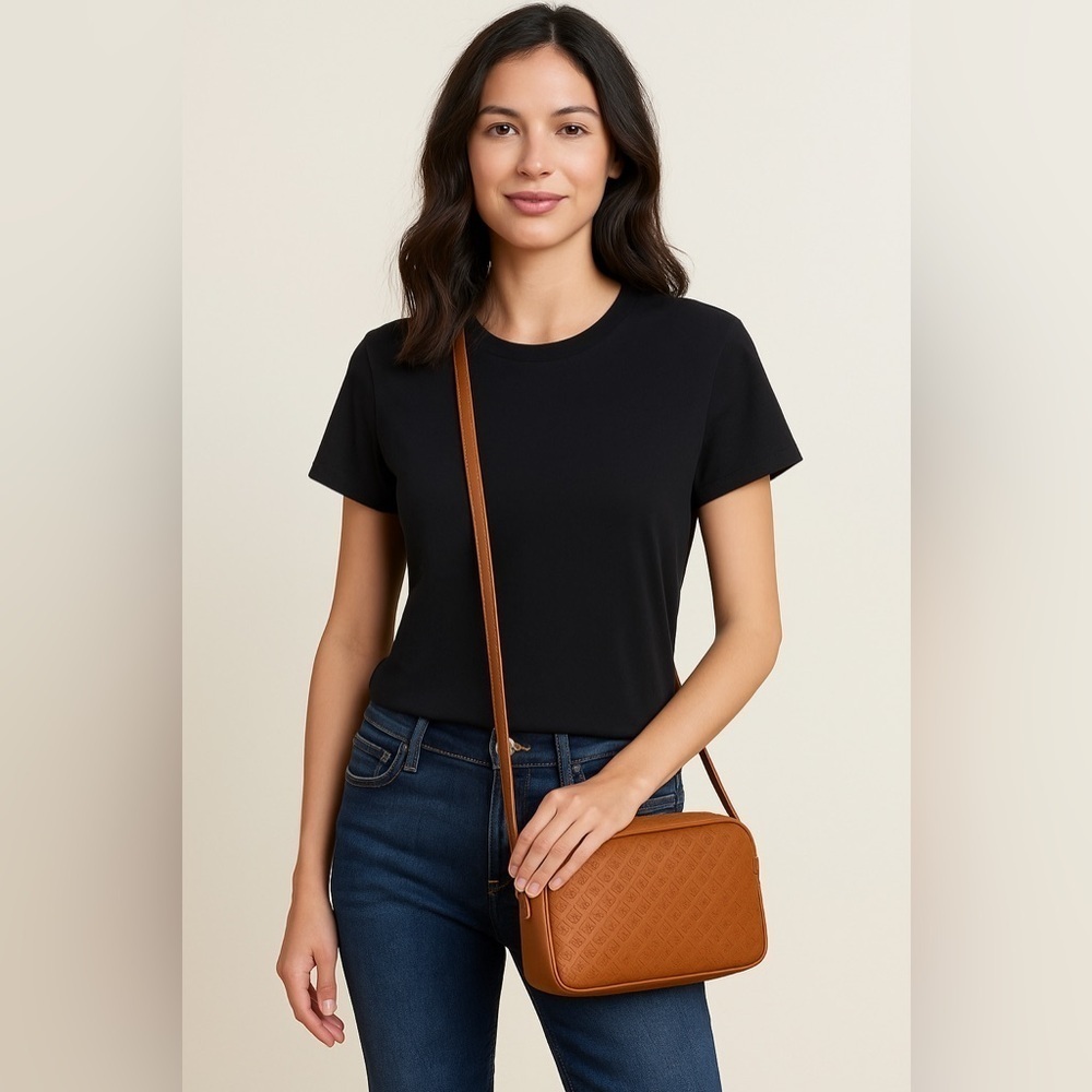 Powerland vintage monogrammed leather red lining crossbody bag.